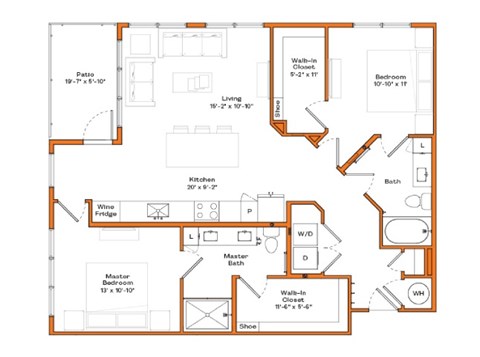 Floor plan for 2 beds, 2 baths, 1253 sqft